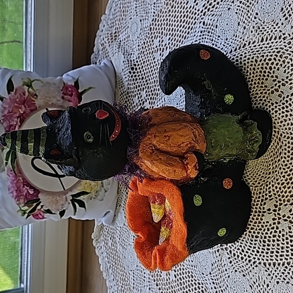 Halloween Cat is sitting on a witch's shoe.